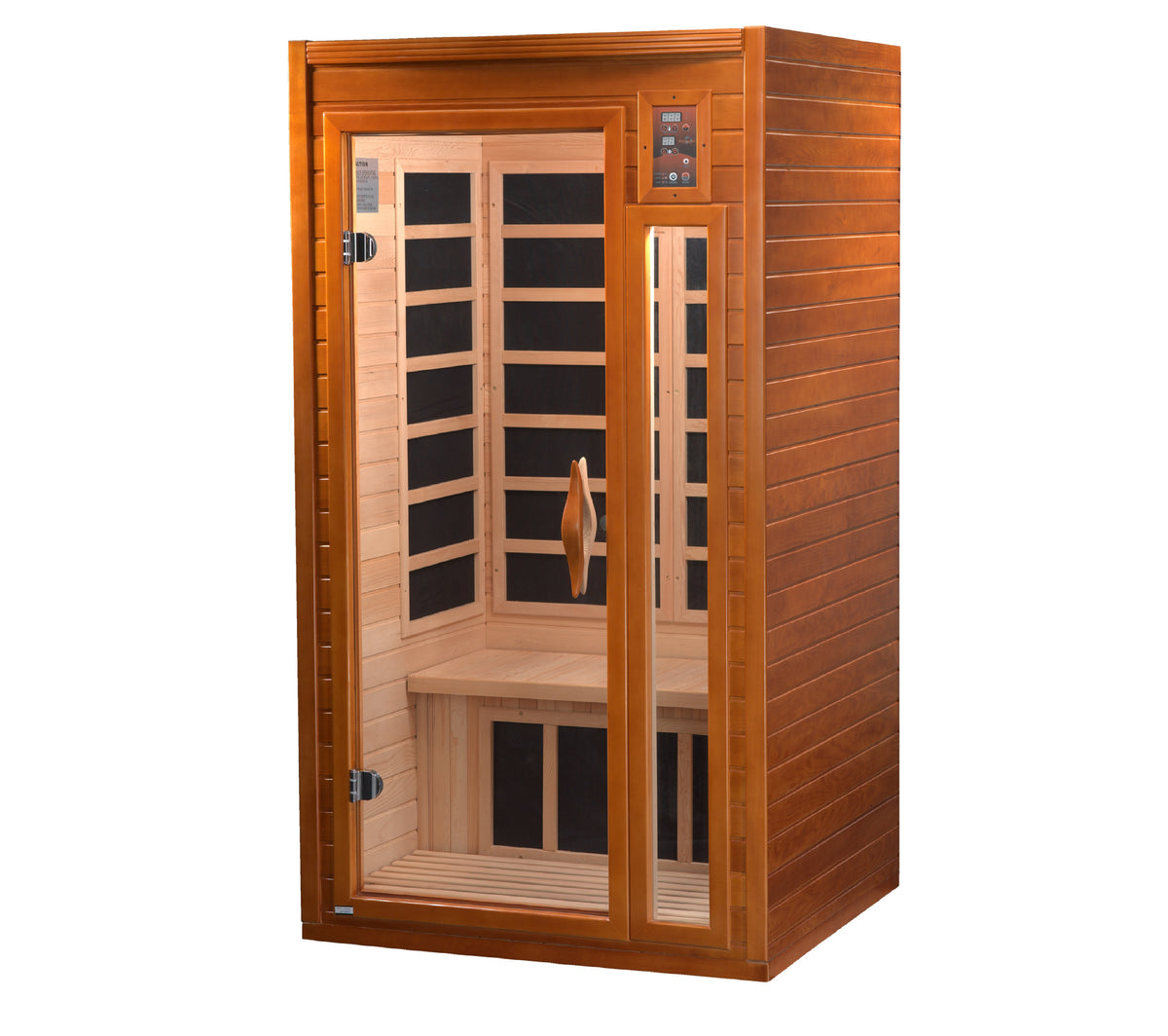 Angled left view of the cabinet with tempered glass door and side panel