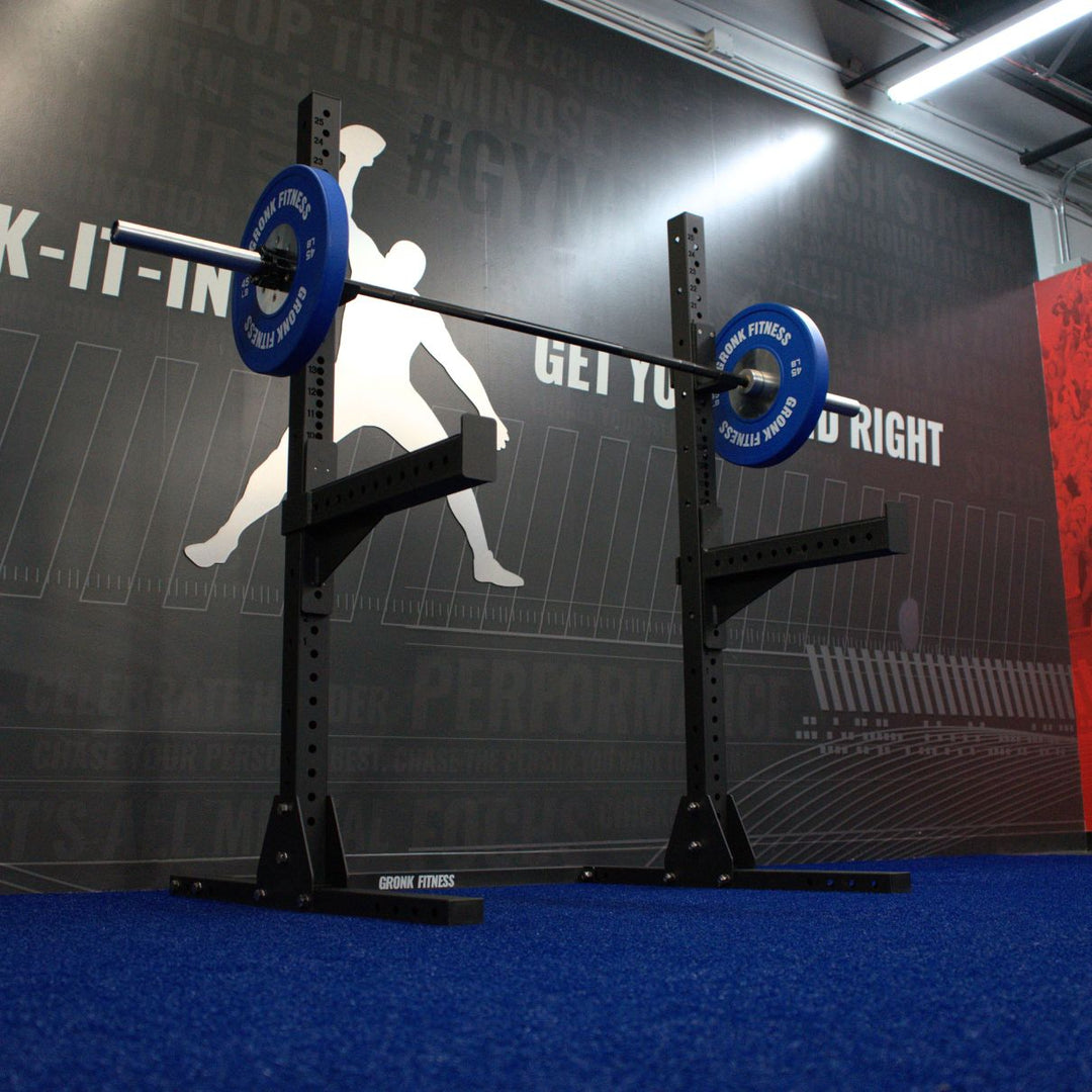 Gronk Fitness Squat Stand angled view with blue weights
