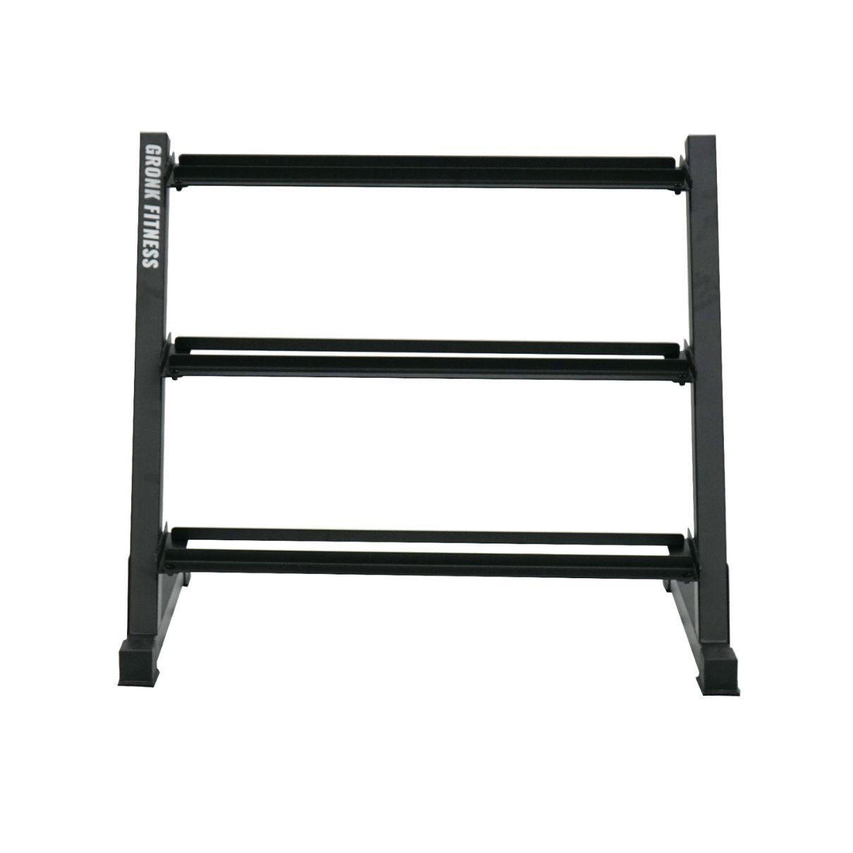 Gronk Fitness 5–50 lb rubber hex dumbbell set on the 3-tier saddle-rail rack — front view