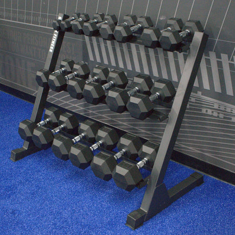 Gronk Fitness 3-tier rack dual-rail saddles with hex dumbbells