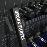 Gronk Fitness 3-Tier Dumbbell Rack close-up with branding