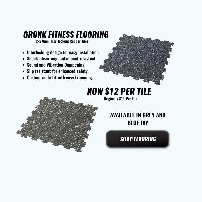 Grey and Blue Jay Gronk Fitness Flooring tiles on sale for $12 per tile, ideal for home gyms and workout spaces.