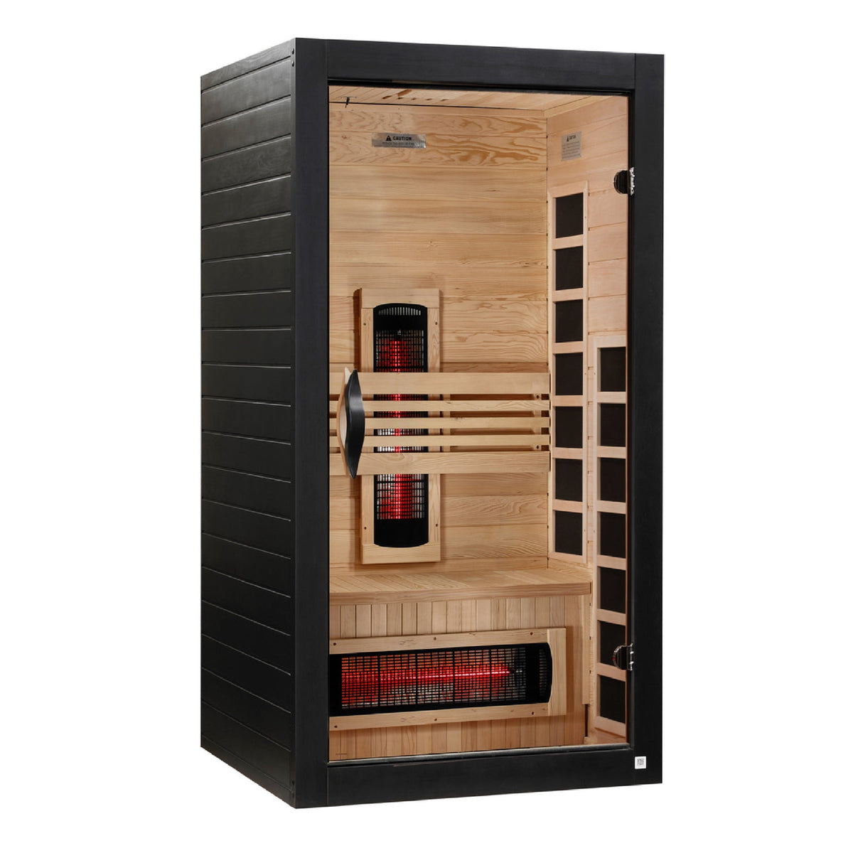 Black-framed 1-2 person sauna with glass front, hemlock interior and red full spectrum heaters