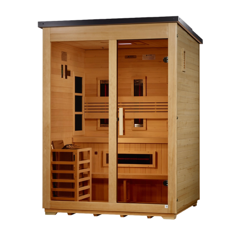Three person hybrid outdoor sauna in hemlock with glass front and flat roof, angled left