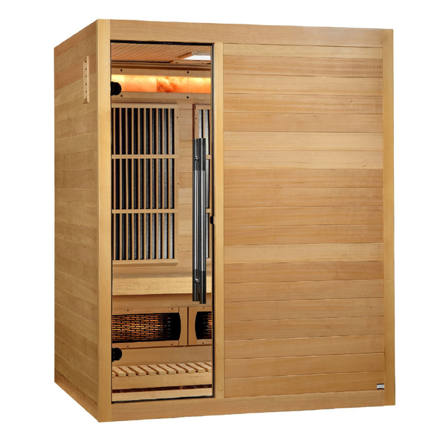 Three person indoor hybrid sauna in hemlock with a narrow glass door, angled left
