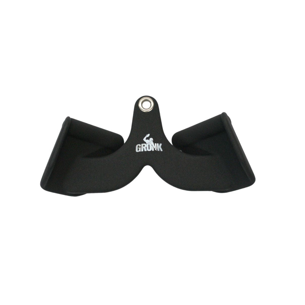 Gronk Fitness black neoprene close-grip cable handle with steel eyelet and cupped hand grips, front view
