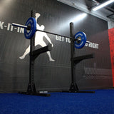 Gronk Fitness Squat Stand angled view with blue weights