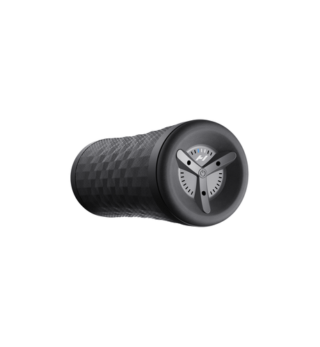 Black vibration roller angled to show the three-arm control on the end cap
