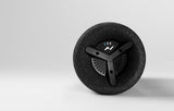 End view of the vibration roller showing the three-arm control and logo